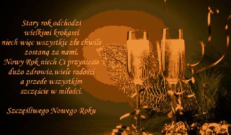 Kartka z kieliszkami i życzeniami na nowy rok
